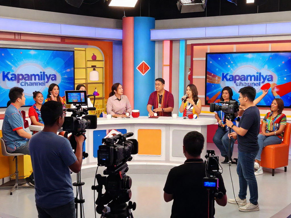 Dynamic studio atmosphere capturing the essence of kapamilyachannel.com with lively hosts, audience engagement, and vibrant set design.
