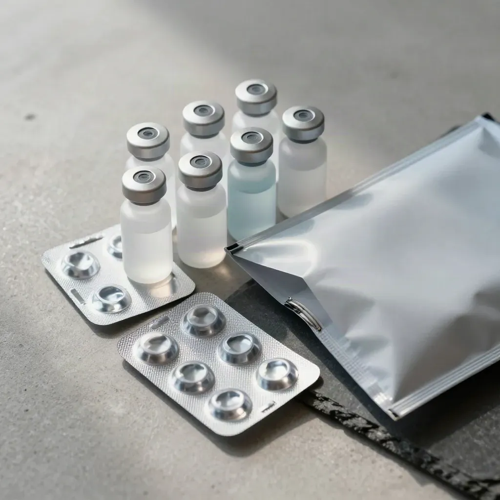 Frosted vials, blister packs, and an open claim pouch on pale concrete.