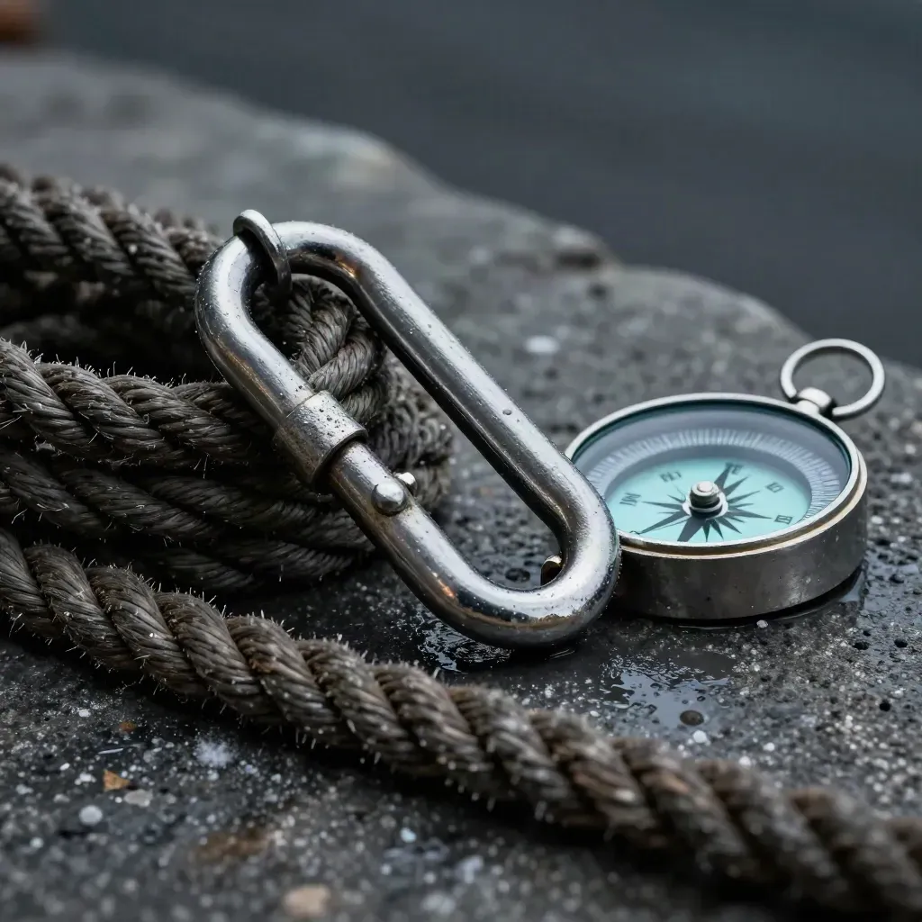Mooring shackle, rope coil, and salt-patinated compass housing on wet stone