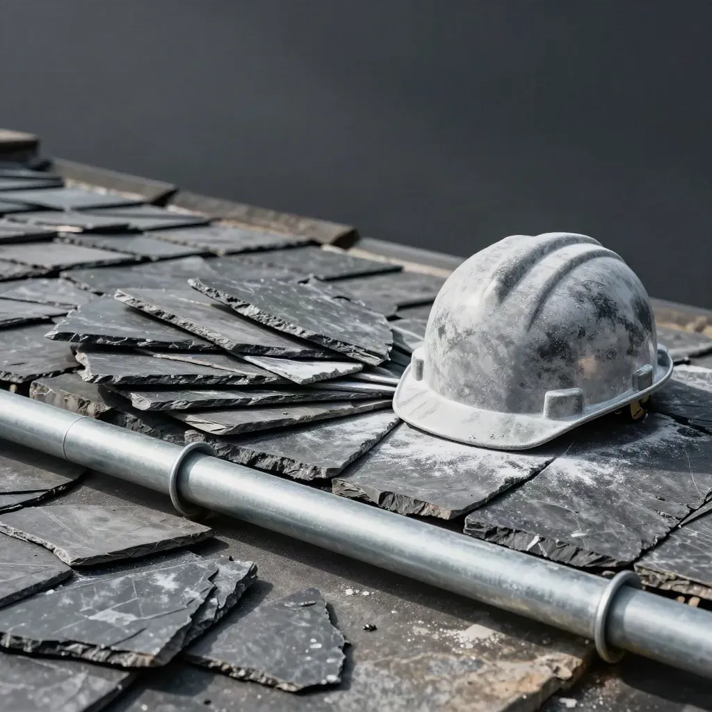 Roof slate fragments, zinc gutter corner, and inspection cap on brushed stone in dramatic light.