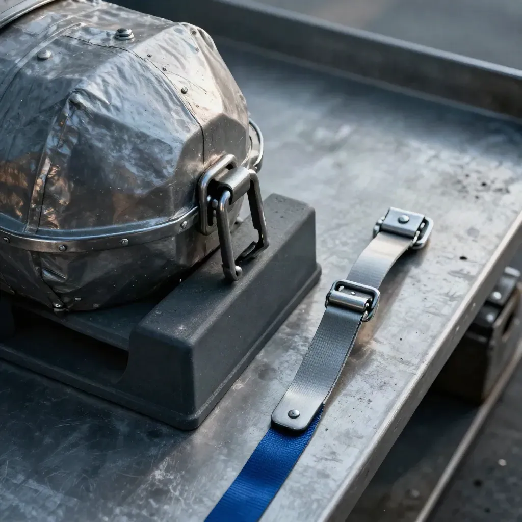 Cargo seal and latch on brushed steel in a top-down harbor logistics still life.