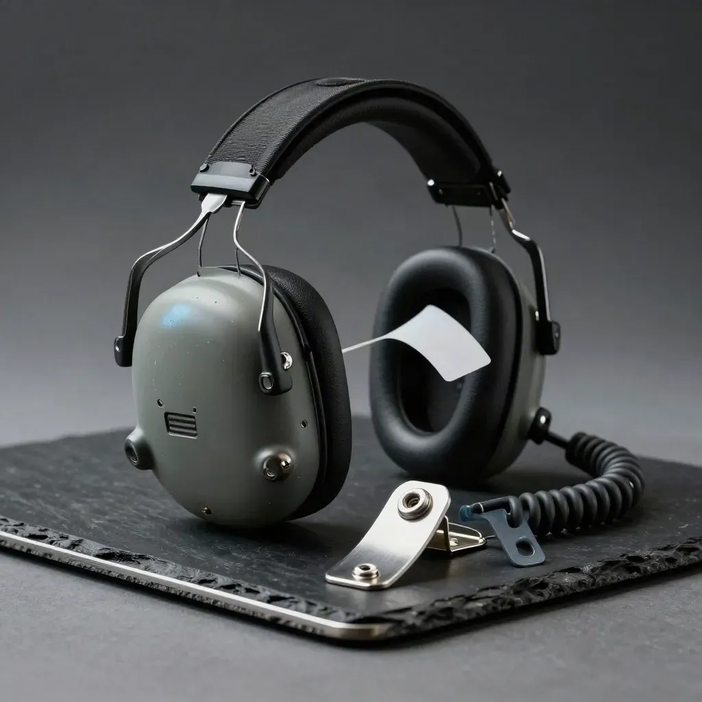 Aviation headset shell, flight tag strip, and maintenance clip on dark slate in dramatic light.