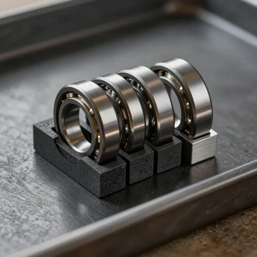 Bearing rings, spacer blocks, and aluminum insert in a macro industrial still life on dark metal.