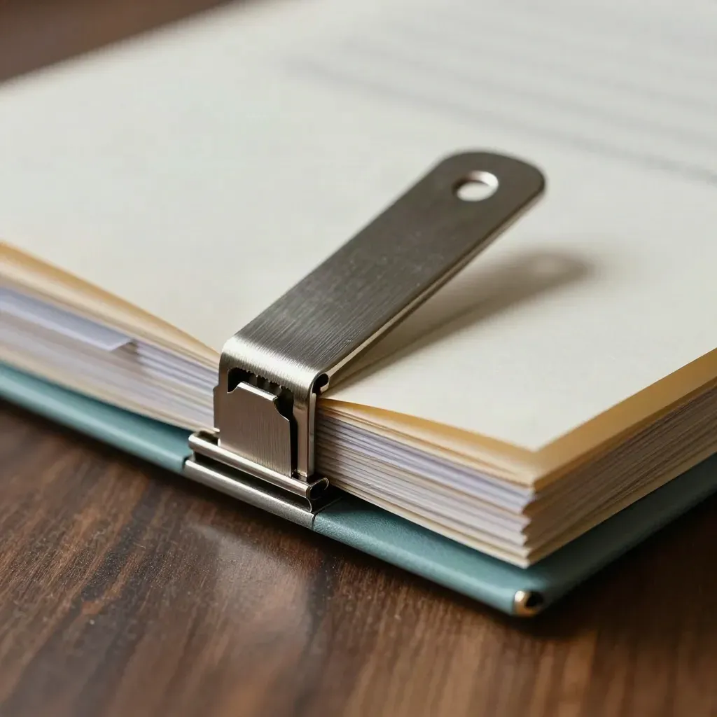 Macro of a steel filing clip holding a policy packet with blank tabs on a walnut archival surface.