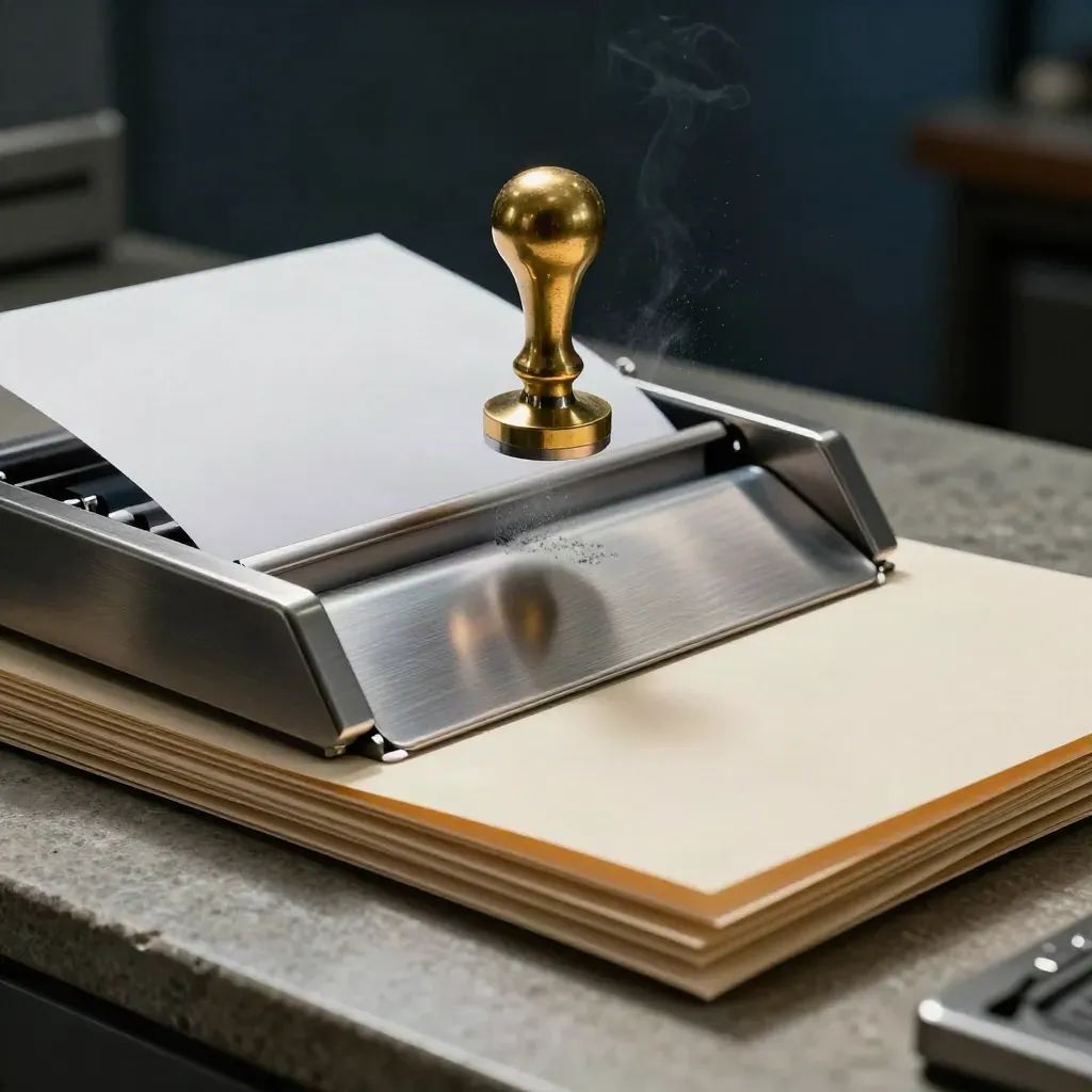 Brass claim stamp beside stacked folders and a sorter tray on a graphite archive surface.
