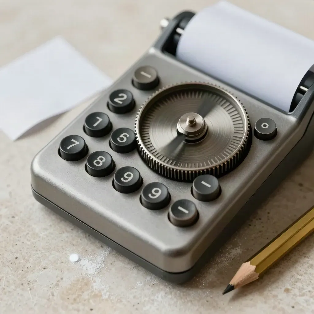 Mechanical rate-wheel calculator beside carbon copy slips and a brass pencil cap on pale stone.