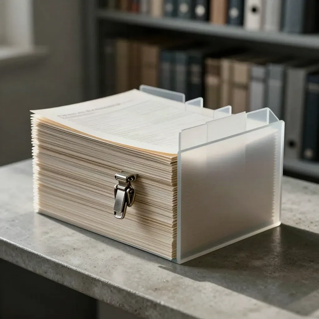Stepped underwriting dividers and a metal approval clasp on a concrete bench.