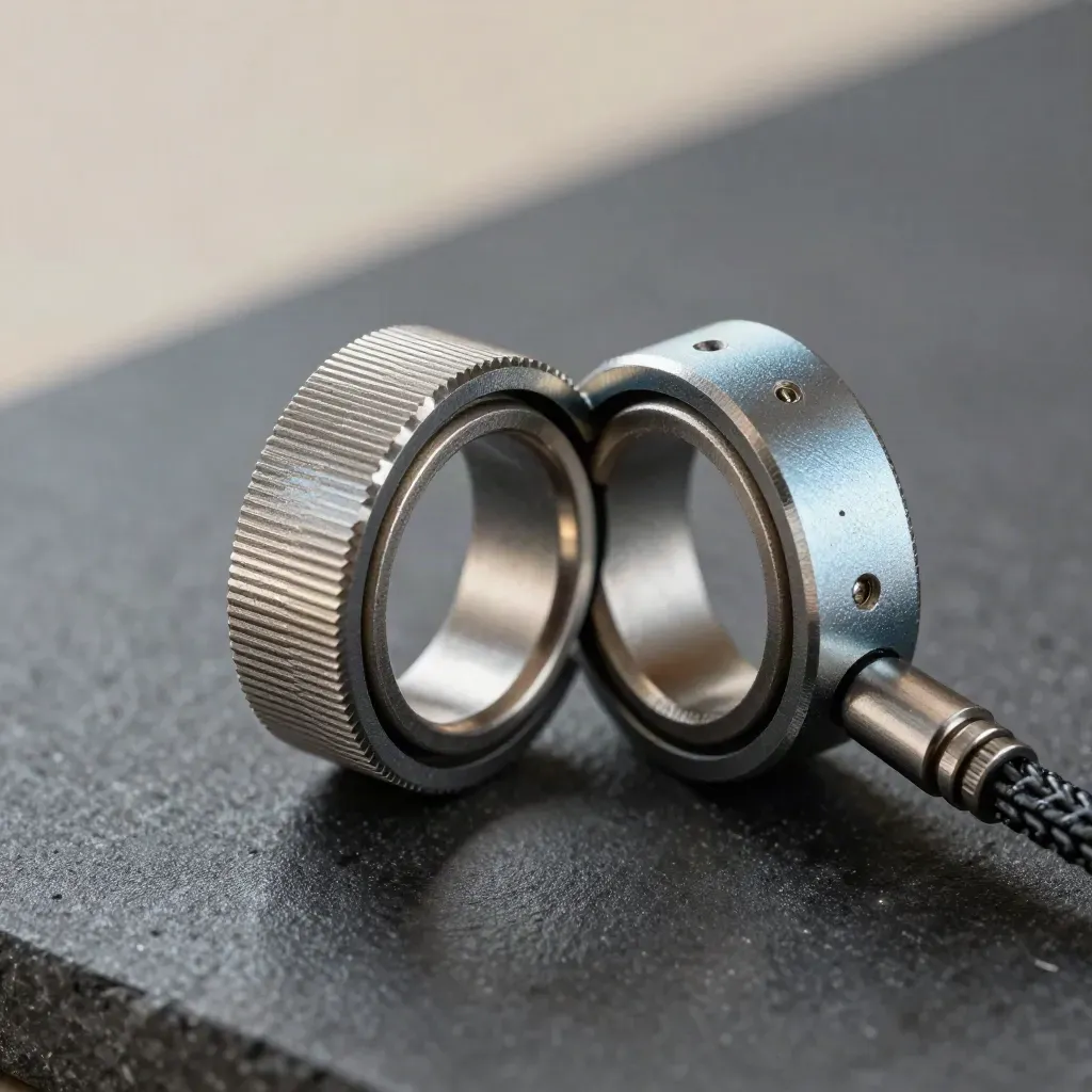 Machined connector blocks and braided cable on graphite stone with a cool ice-blue accent.