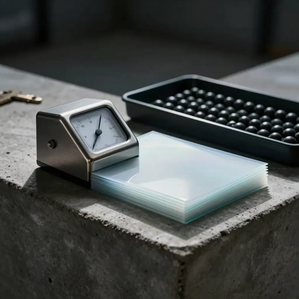 Mechanical tally counter with acetate sheets and bead tray on concrete, lit in moody shadow.