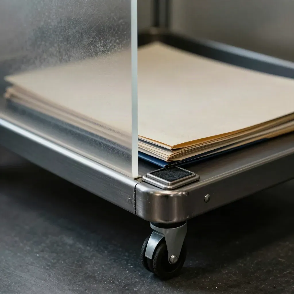 Claim-tray cart, stamp pad, and service folders behind frosted acrylic in soft office light.