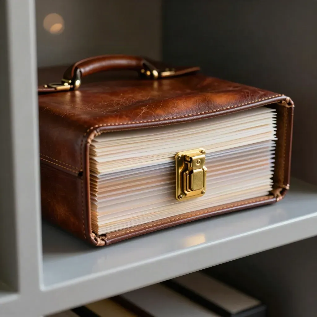 Leather broker briefcase, file sleeves and brass latch closing on a stone counter.