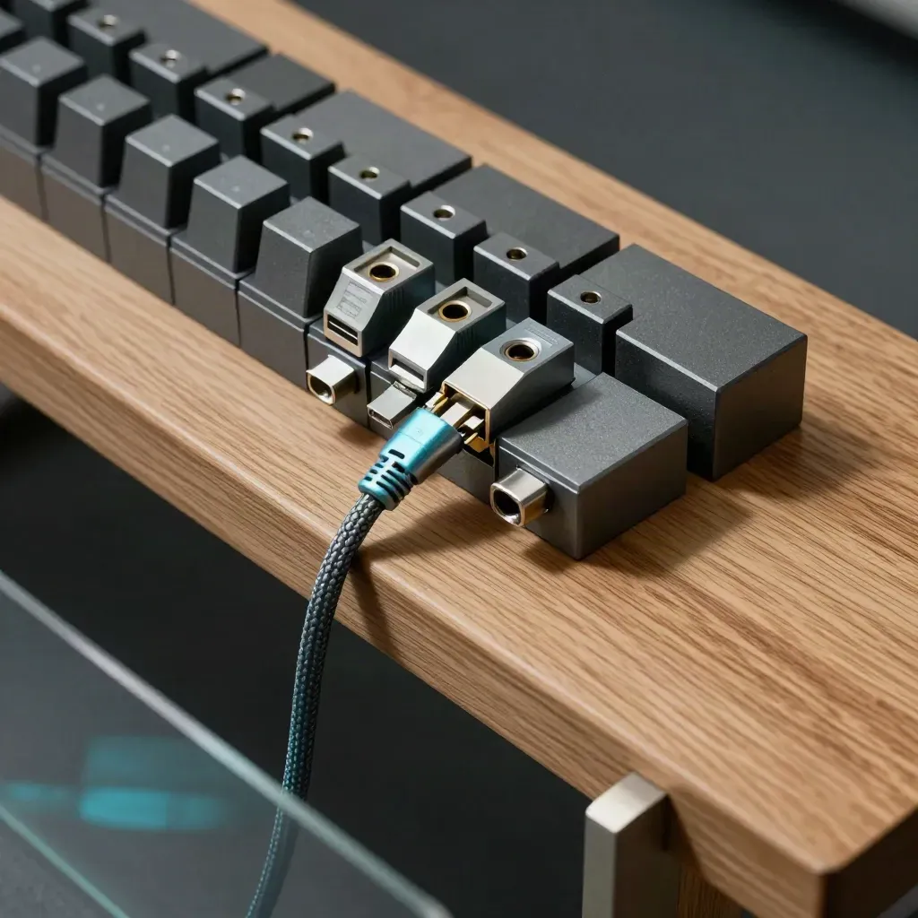 Graphite modular build blocks and patch cables aligned on a warm oak bench, seen through a blurred divider.