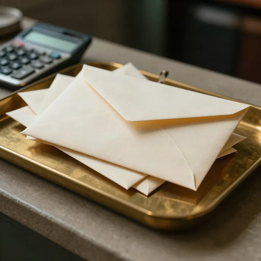 Sealed envelopes, brass tray, and calculator on a dark surface in dramatic studio light.