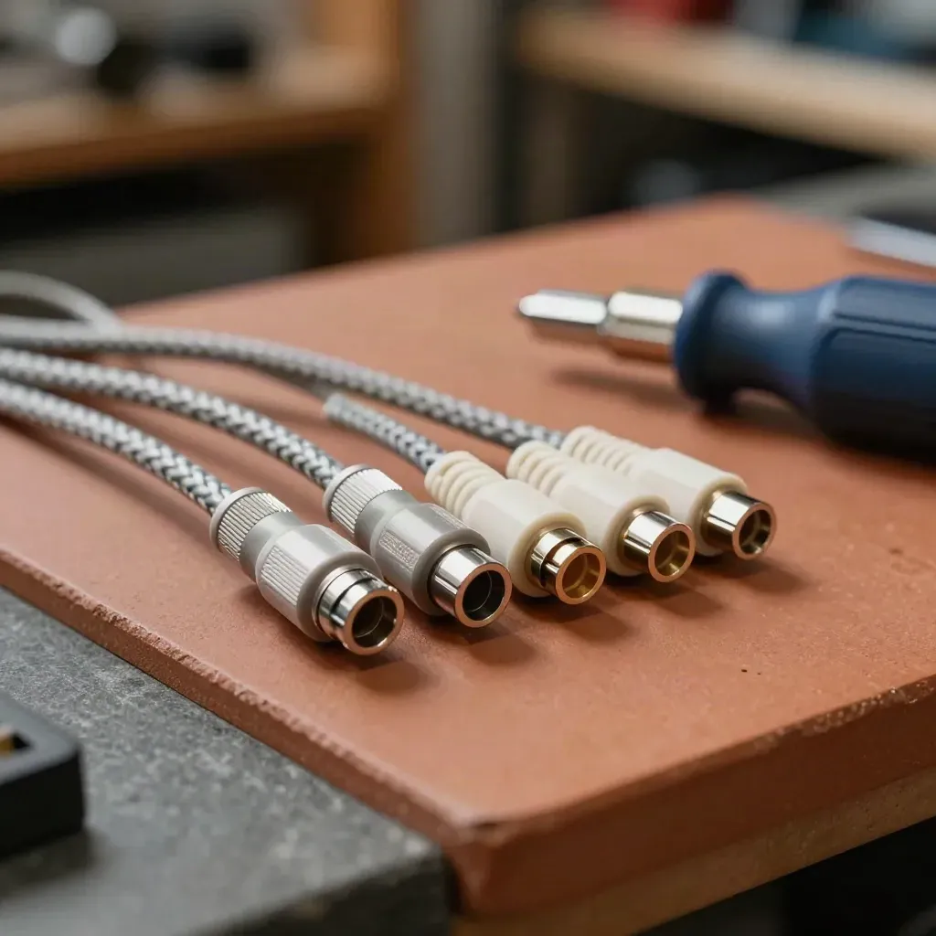 Macro still life of connector pins, braided leads and precision drivers on terracotta stone.