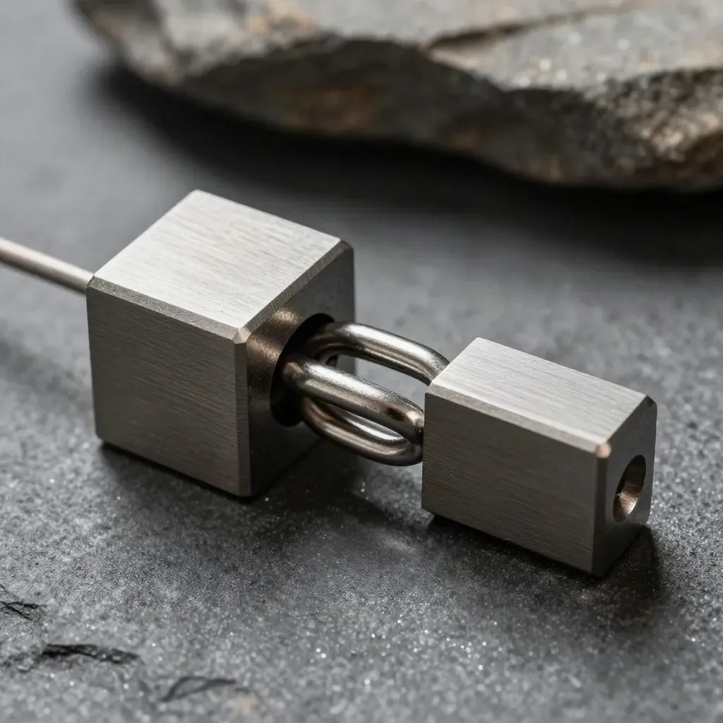 Metal rings, connector block, and L-bracket on graphite stone under dramatic skimming light.