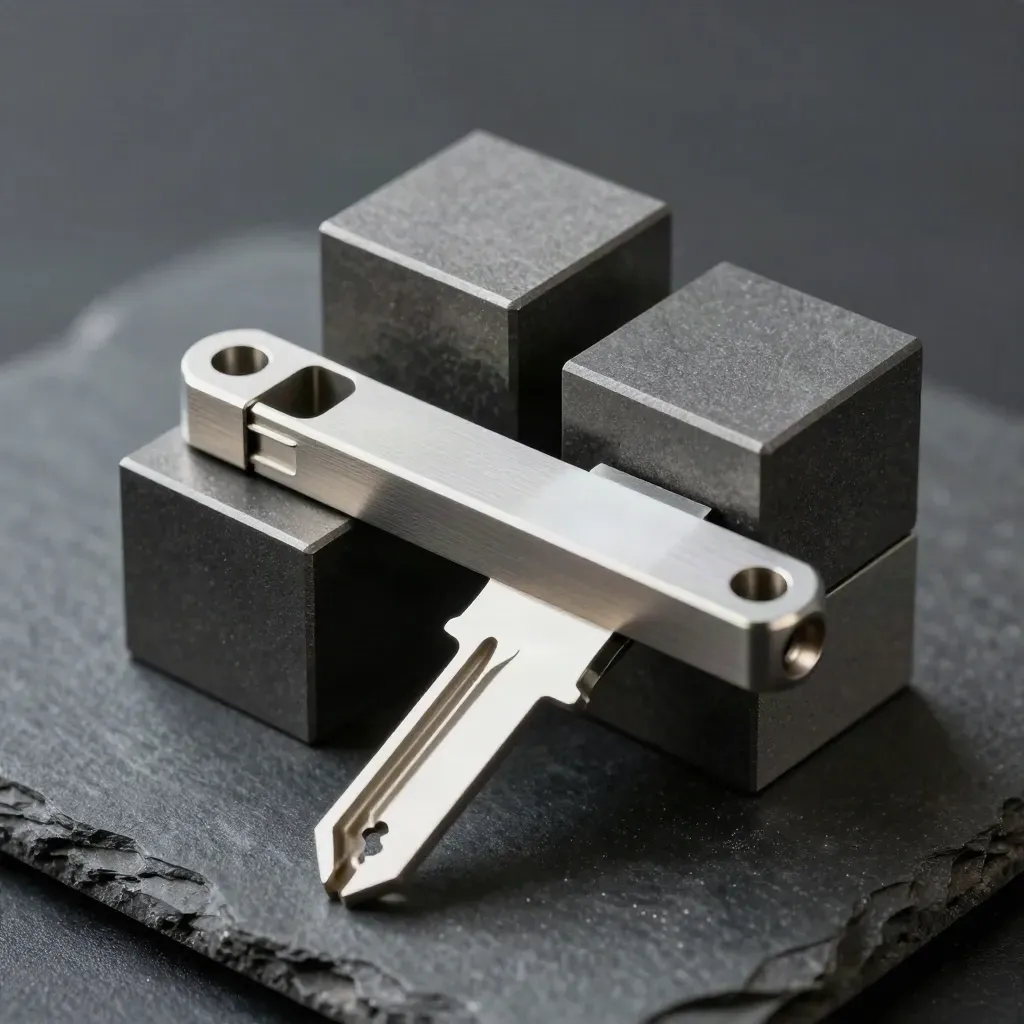 Graphite modular spacers and cubes locking into a rail on a dark studio surface.