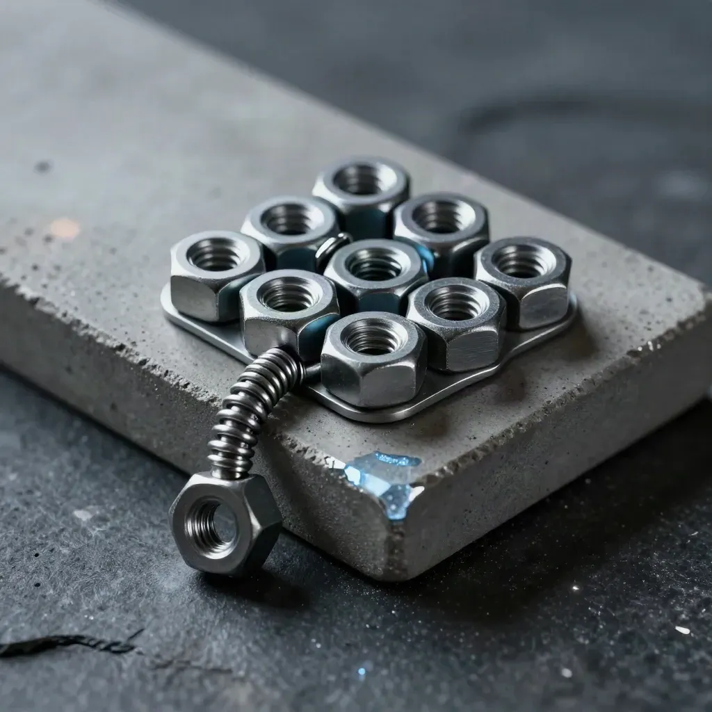 Macro top-down of graphite nuts, plates and a steel spring connector on concrete with an ice-blue glint.