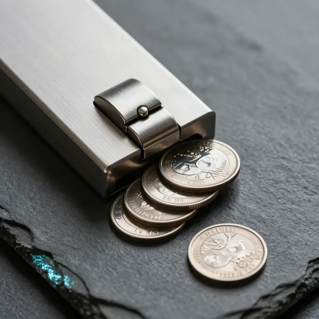 Brushed metal payment parts arranged like a clean checkout path on dark stone.