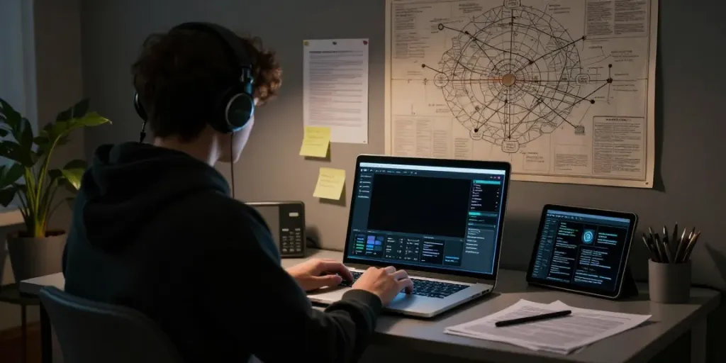 Engaging in research on the hidden wiki dark web with a laptop and notes.