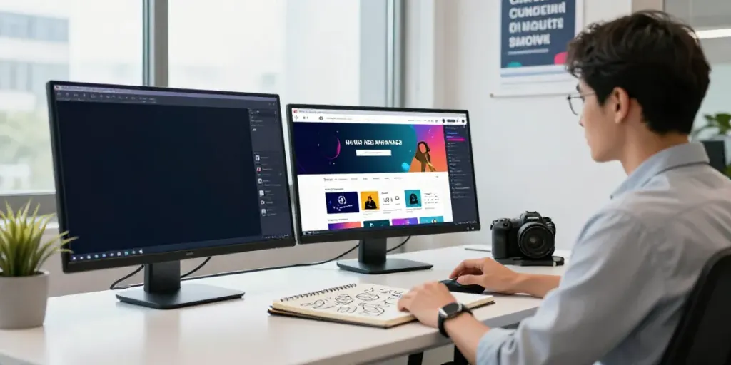 AI tools for social media announcements in a modern office scene with a focused manager at work
